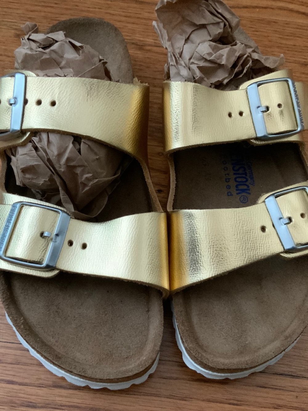 NWOT Gold Arizona Two Strap Birkenstocks Soft Footbed Size 39